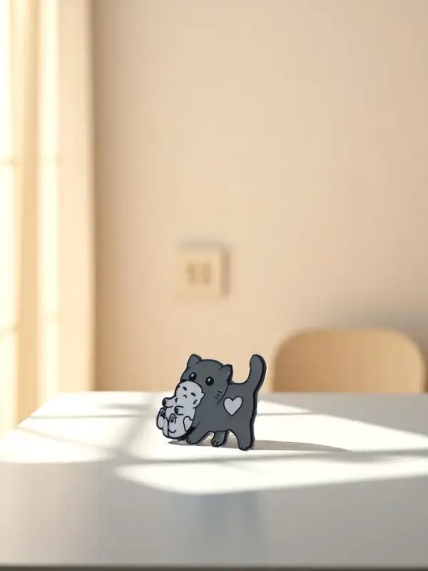Значок &laquo;Кошка с котёнком&raquo;, серо-белый в чёрном металле