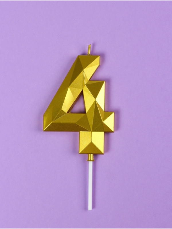 Свеча ГИГАНТ в торт на шпажке «Грань», цифра Свеча ГИГАНТ в торт на шпажке «Грань», цифра "4", золотая, 9 см