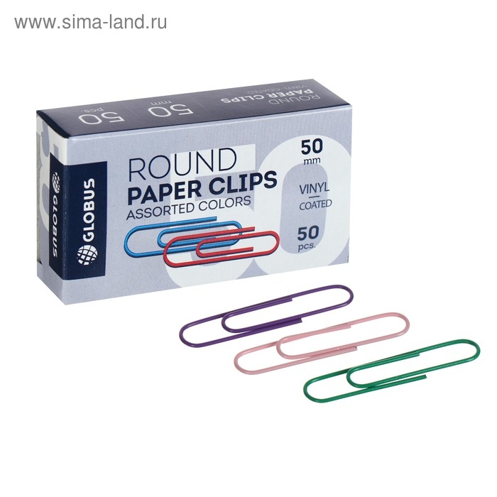 Скрепки канцелярские GLOBUS, 50 шт., 50 мм, цветные Скрепки канцелярские GLOBUS, 50 шт., 50 мм, цветные
