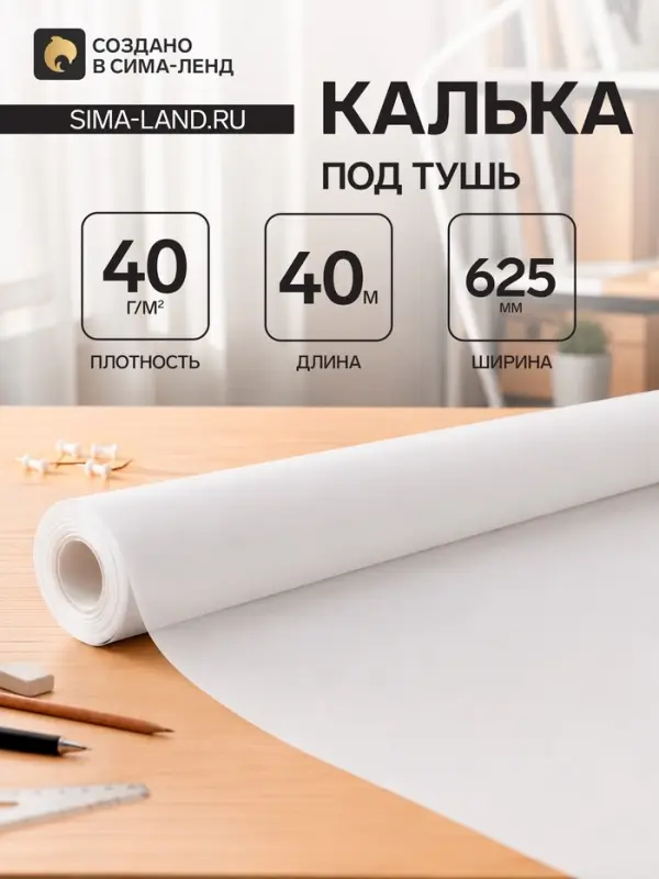 Калька чертёжная под тушь, ширина 625 мм, в рулоне 40 метров, 40 г/м&sup2;