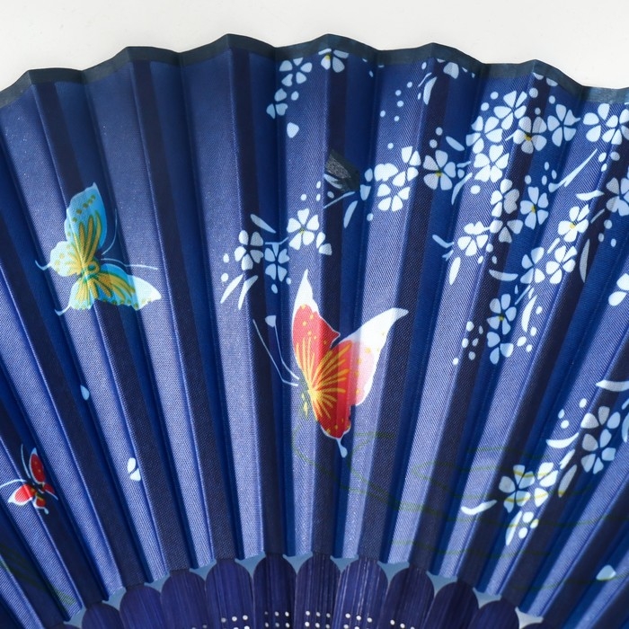 Веер дерево, текстиль h=21 см  Веер дерево, текстиль h=21 см "Танец бабочек" синий, с кисточкой