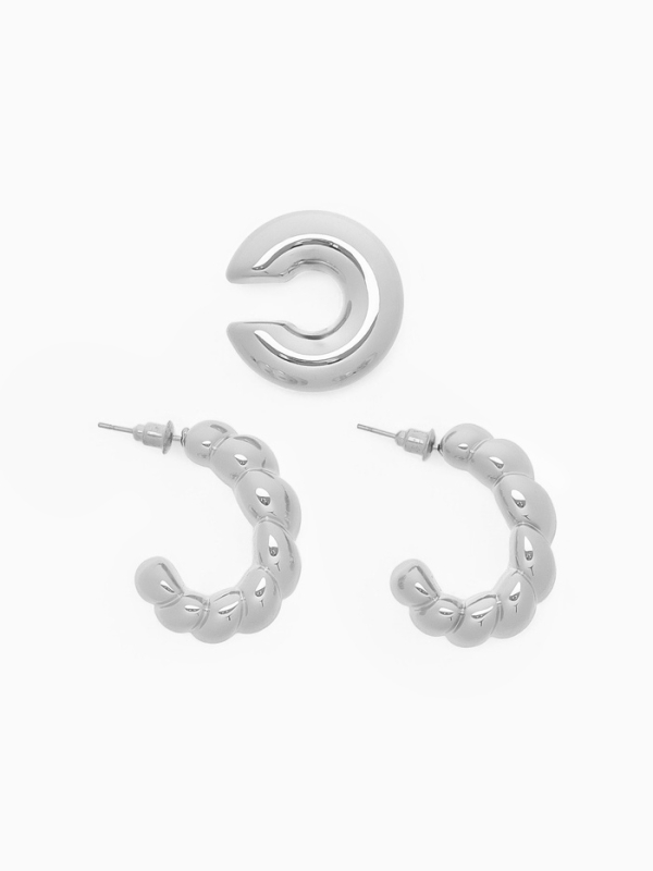Набор серьги и каффы 3 шт. «Косичка» бублик, цвет серебро