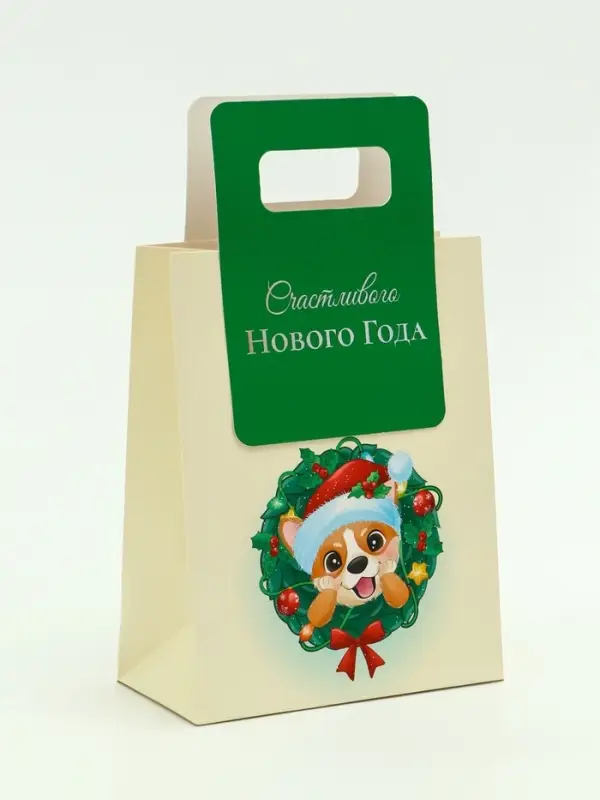 Пакет подарочный с вырубной ручкой «Новогодний корги» 18×23×9 см, зеленый Пакет подарочный с вырубной ручкой «Новогодний корги» 18×23×9 см, зеленый