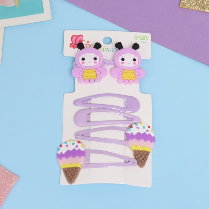 Набор для волос Набор для волос "Ширли" (2 резинки 5 см, 4 невидимки 5,5 см) пчёлка, сиреневый