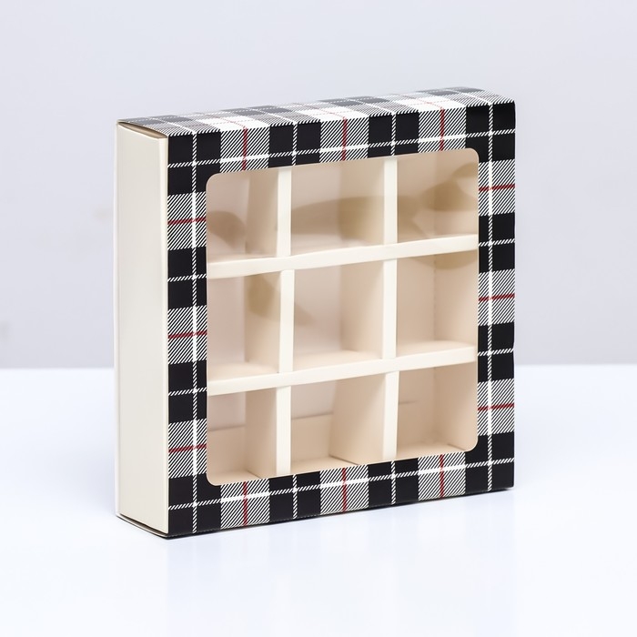 Коробка для 9 конфет с обечайкой , Коробка для 9 конфет с обечайкой , "Мужской" 13,8 х 13,8 х 3,8. Кондитерская упаковка