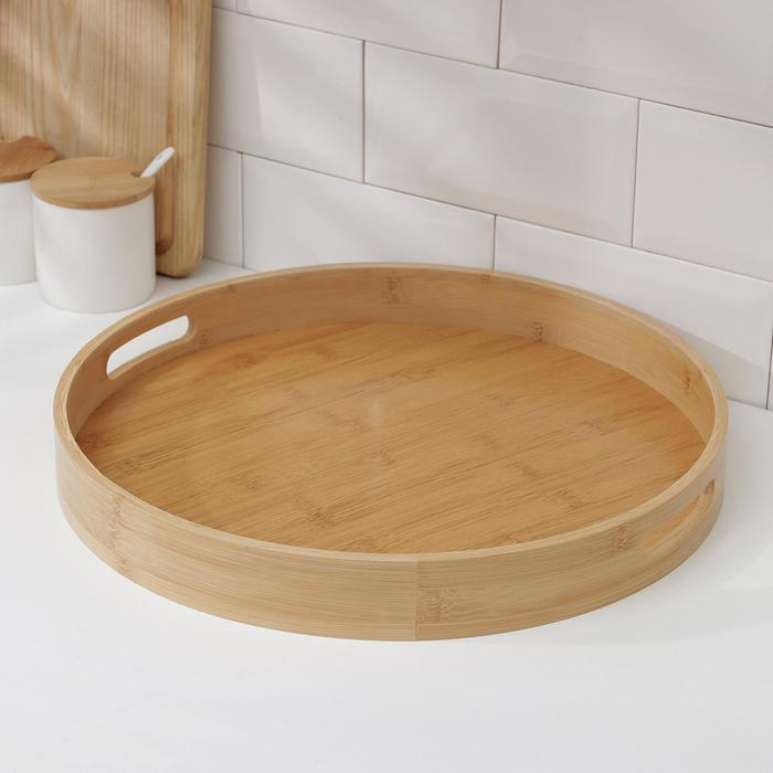 Поднос с ручками Доляна Striata, d=40 см, бамбук Поднос с ручками Доляна Striata, d=40 см, бамбук