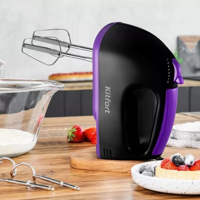 Миксер Kitfort КТ-3404, ручной, 100 Вт, 7 скоростей, чёрно-фиолетовый Миксер Kitfort КТ-3404, ручной, 100 Вт, 7 скоростей, чёрно-фиолетовый