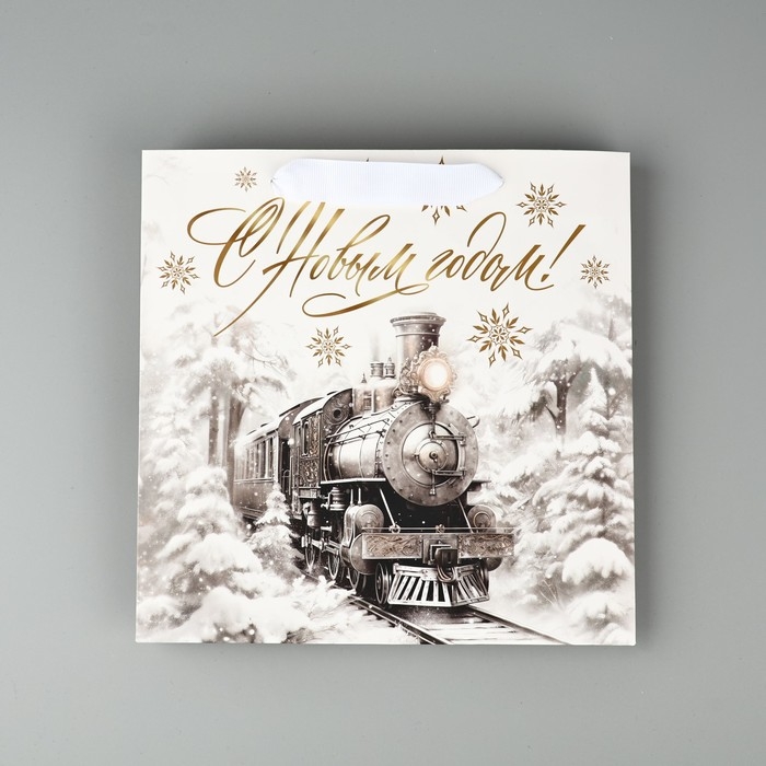 Пакет подарочный новогодний ламинированный квадратный «Новогодний поезд», 22 х 22 х 11 см , Новый год Пакет подарочный новогодний ламинированный квадратный «Новогодний поезд», 22 х 22 х 11 см , Новый год