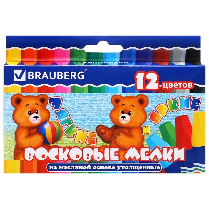 Мелки восковые 12 цветов BRAUBERG, утолщенные, шестигранные, на масляной основе Мелки восковые 12 цветов BRAUBERG, утолщенные, шестигранные, на масляной основе