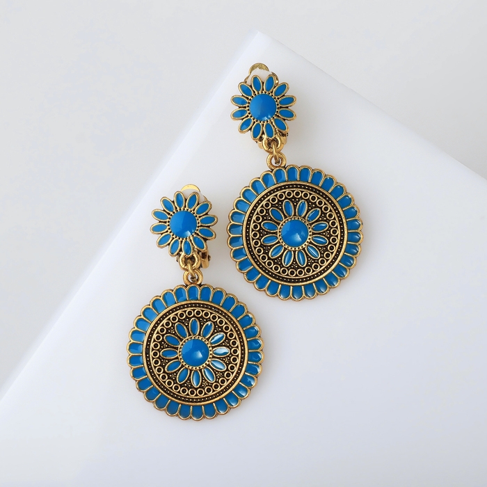 Клипсы &laquo;Этника&raquo; цветочные круги, цвет голубой в чернёном золоте