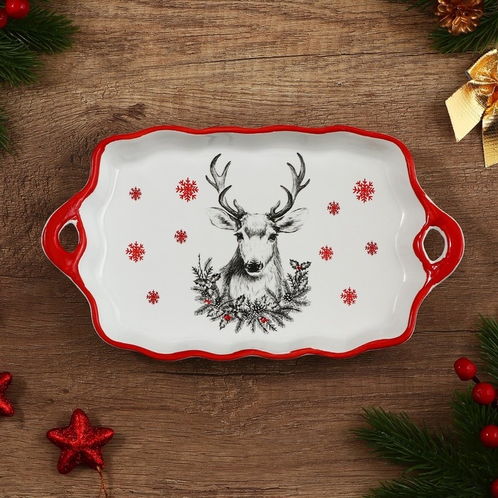 Новый год! Блюдо новогоднее керамическое «Снежный олень», 23х13х2.5 см, цвет белый
