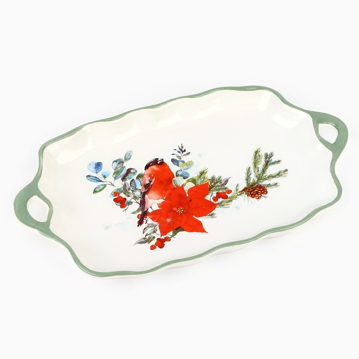 Новый год! Блюдо новогоднее керамическое «Снегирь», 23х13х2.5 см, цвет белый