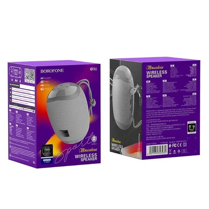 Портативная колонка Borofone R6, 10 Вт, BT5.0, AUX, FM, microSD, USB, 1200 мАч, серая Портативная колонка Borofone R6, 10 Вт, BT5.0, AUX, FM, microSD, USB, 1200 мАч, серая