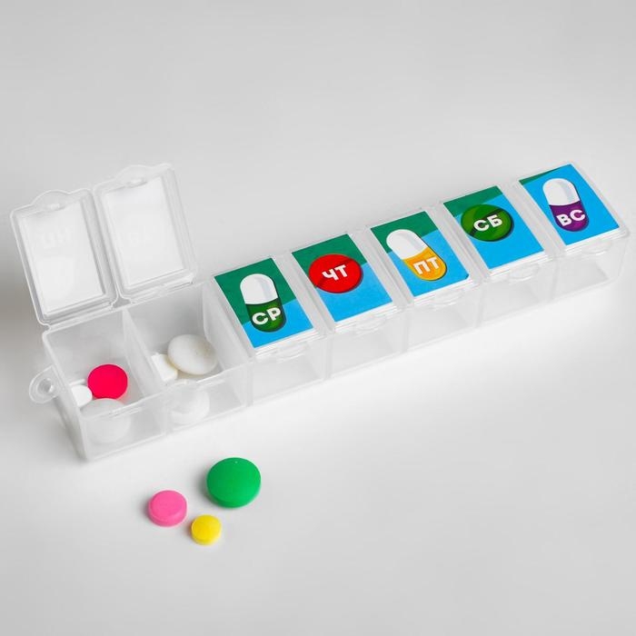 Таблетница «Неделя», 7 секций, русские буквы, 15,5 х 3,4 см. Таблетница «Неделя», 7 секций, русские буквы, 15,5 х 3,4 см.