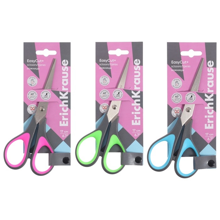 Ножницы ErichKrause EasyCut+, 17 см, для левшей, антискользящие резиновые вставки, европодвес,МИКС Ножницы ErichKrause EasyCut+, 17 см, для левшей, антискользящие резиновые вставки, европодвес,МИКС