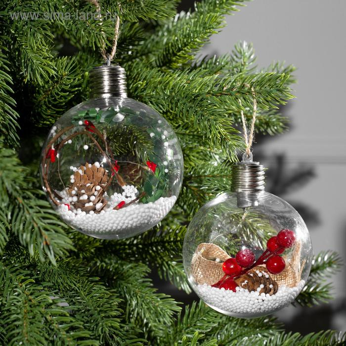 Набор ёлочных шаров «Ветка ели и ягоды» 2 шт., батарейки, 5 LED, свечение тёплое белое