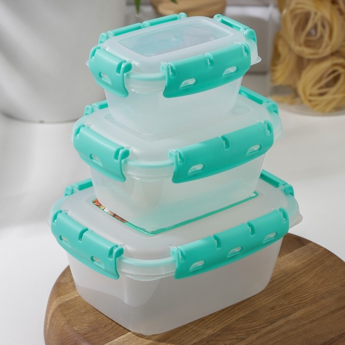 Набор пищевых герметичных контейнеров, 3 шт: 380 мл, 0,8 л, 1,5 л, прозрачные, крышка голубая Набор пищевых герметичных контейнеров, 3 шт: 380 мл, 0,8 л, 1,5 л, прозрачные, крышка голубая