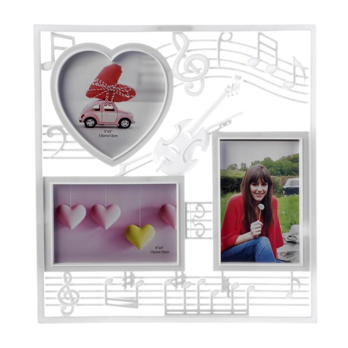 Фоторамка пластик на 3 фото 10х15, 13х12 см  Фоторамка пластик на 3 фото 10х15, 13х12 см "Скрипка и ноты" белый 34х32 см