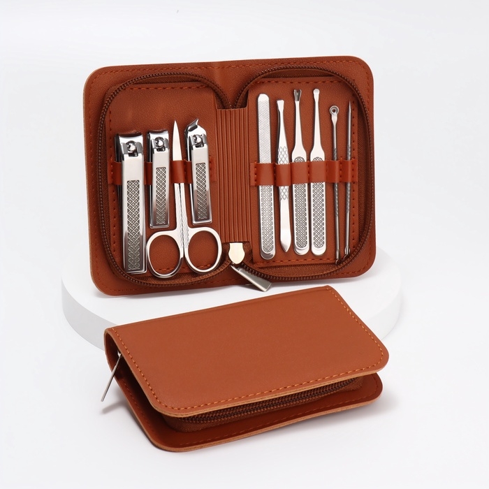 Набор маникюрный, 10 предметов, в футляре, коричневый Набор маникюрный, 10 предметов, в футляре, коричневый