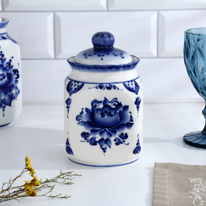 Банка для сып.продуктов Банка для сып.продуктов "КАСКАД", 16,5см, V-0,95л, авт.Шибаев С.,гжель