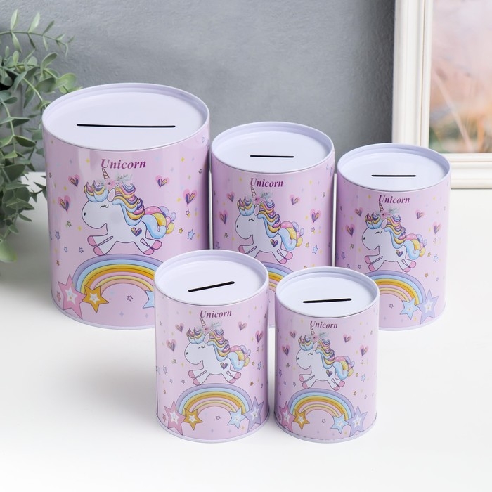 Копилка металл банка Копилка металл банка"Единорог на радуге" н-р 5 шт 7,5х10,5;8,5х11,5;9х12,5;10х14;13,5х16 см