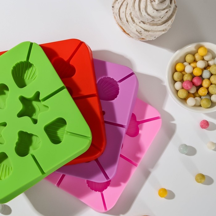 Форма силиконовая для леденцов «Морской берег», 12,5×12,5×1,5 см, 8 ячеек, с палочками, цвет МИКС Форма силиконовая для леденцов «Морской берег», 12,5×12,5×1,5 см, 8 ячеек, с палочками, цвет МИКС