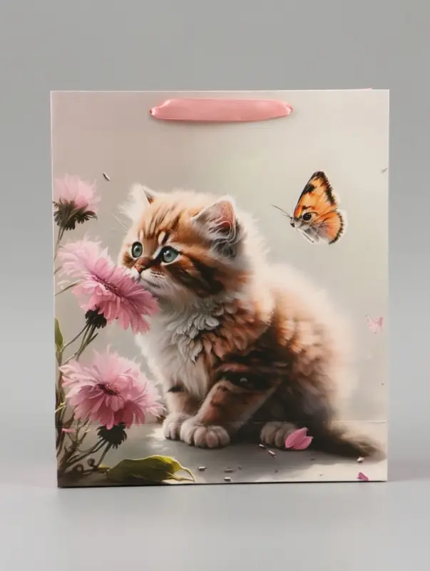 Пакет подарочный ламинированный вертикальный &laquo;Котик и цветок&raquo;, M 26&times;32&times;12 см