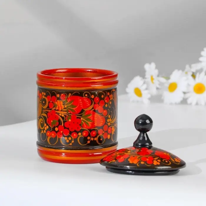 Банка для хранения сыпучих продуктов, кадочка, средняя, 9&times;14 см, дерево, хохлома, МИКС