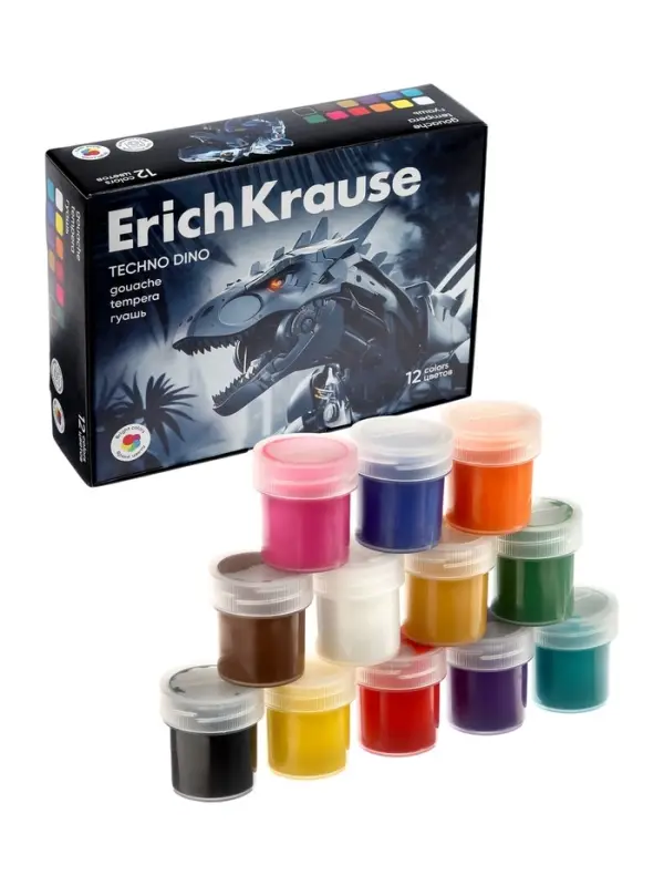 Гуашь 12 цветов ErichKrause Techno Dino, 17 мл