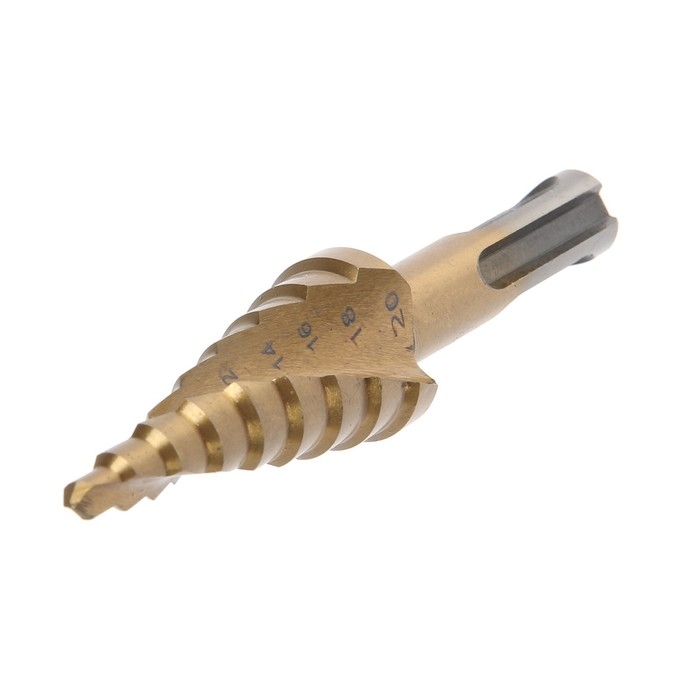 Сверло ступенчатое ТУНДРА ПРОФИ, HSS, TiN, спиральный профиль, SDS-plus, 4-20 мм Сверло ступенчатое ТУНДРА ПРОФИ, HSS, TiN, спиральный профиль, SDS-plus, 4-20 мм