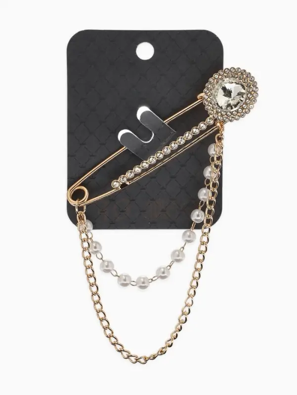 Булавка &laquo;Императрица&raquo;, стразы, цепочка, жемчуг, L=7.5 см, цвет белый в золоте
