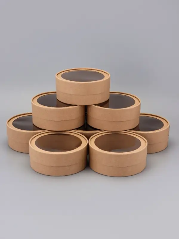 Набор круглых подарочных коробок, завальцованные с окном, крафт, набор 8 шт., 15×6 см