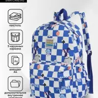 Рюкзак школьный на молнии, с карманами, в клетку, 28&times;11.5&times;40 см, синий