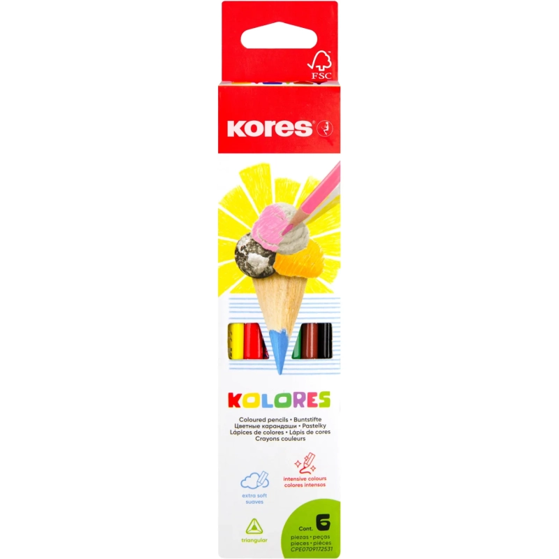 Карандаши цветные 6цв 3-гран Kores 93306.01