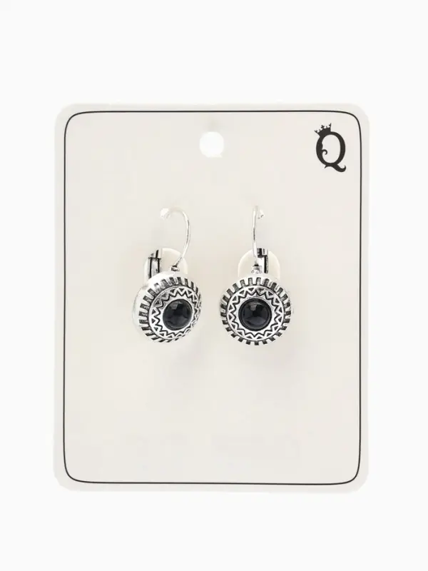 Серьги под натуральный камень &laquo;Этника&raquo;, круг в узорах, чёрные в чернёном серебре