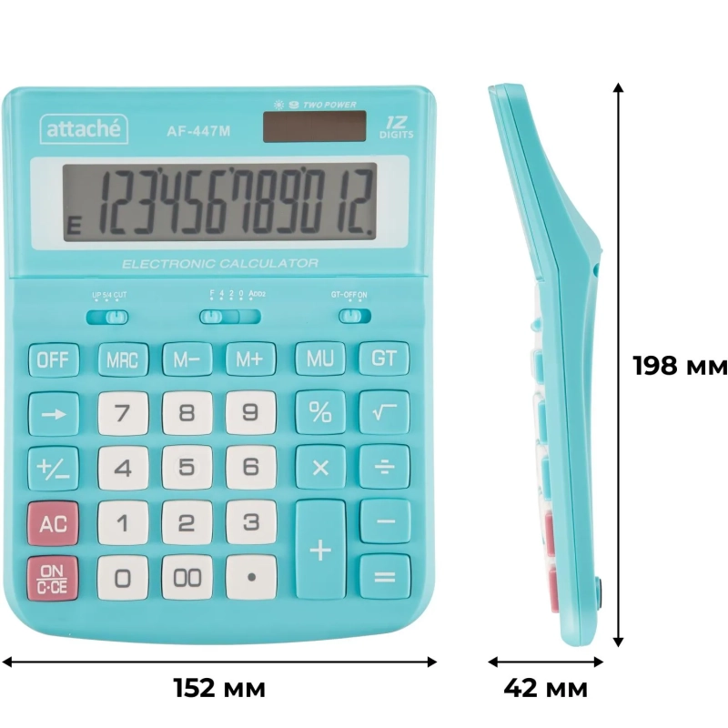 Калькулятор настольный ПОЛНОРАЗМ Attache AF-447M,12р,дв.пит,мятн,198x153x42