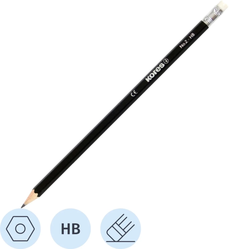 Карандаш чернографитный Kores шестигранный HB с ластиком