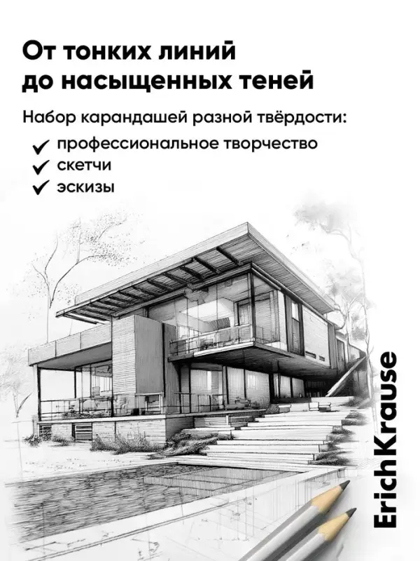 Набор карандашей чернографитных различной твердости 6 штук, ErichKrause, грифель d=2.2 мм, дерево, шестигранные, ударопрочные, серебро, в коробке