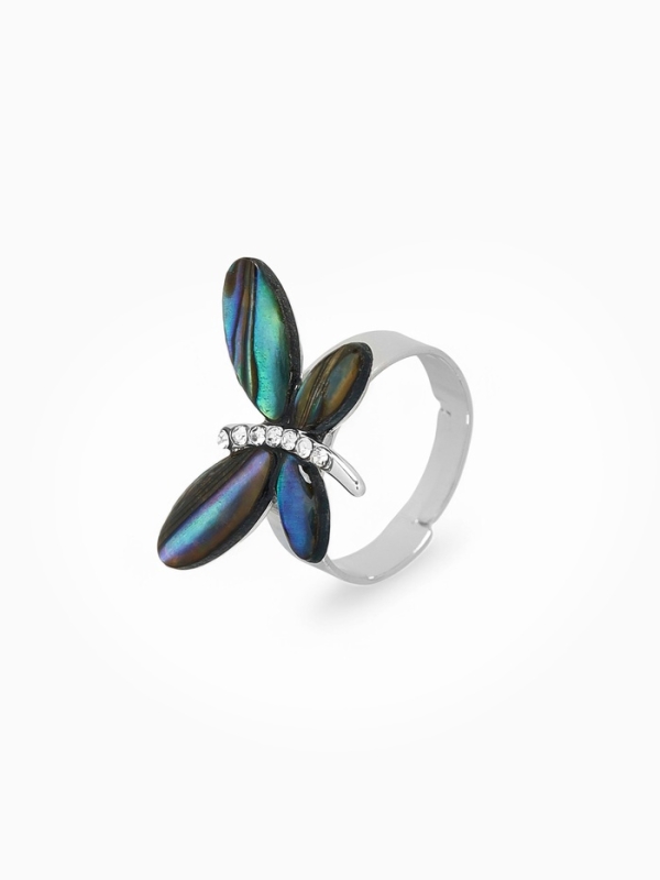 Кольцо безразмерное «Бабочка», галиотис, зелёное в серебре