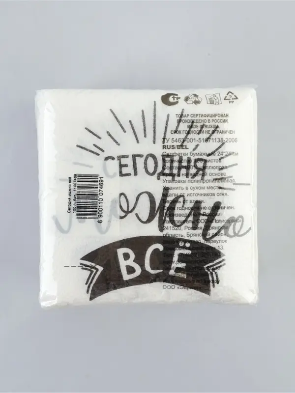 Салфетки бумажные однослойные "Сегодня можно всё", 24х24 см, набор 100 шт.