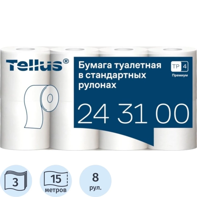 Бумага туалетная Tork/Tellus T4 3сл бел перф Премиум 15м94л 8рул/уп 243100