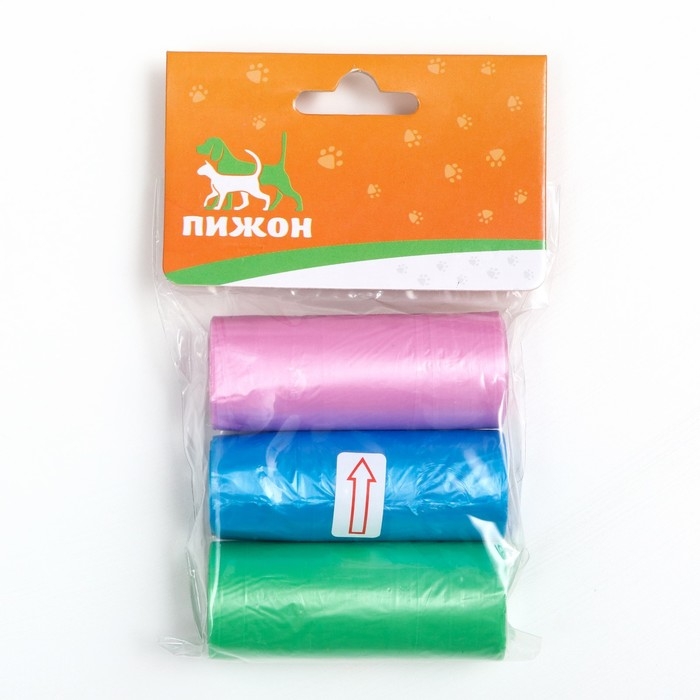 Пакеты для уборки за собаками однотонные (3 рулона по 15 пакетов 29х21 см), микс цветов