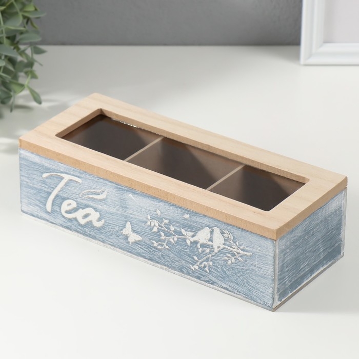 Шкатулка дерево 3 деления  Шкатулка дерево 3 деления "Птицы на ветке" синяя 9,7х24х7 см