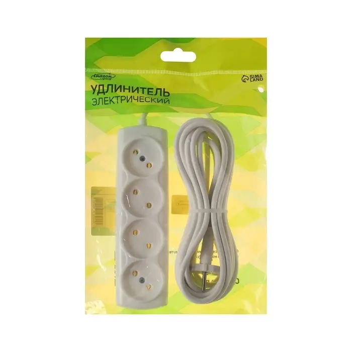 Удлинитель сетевой Luazon Lighting ECO, 4 розетки, 5 м, 10 А, 2200 Вт, без заземления, белый