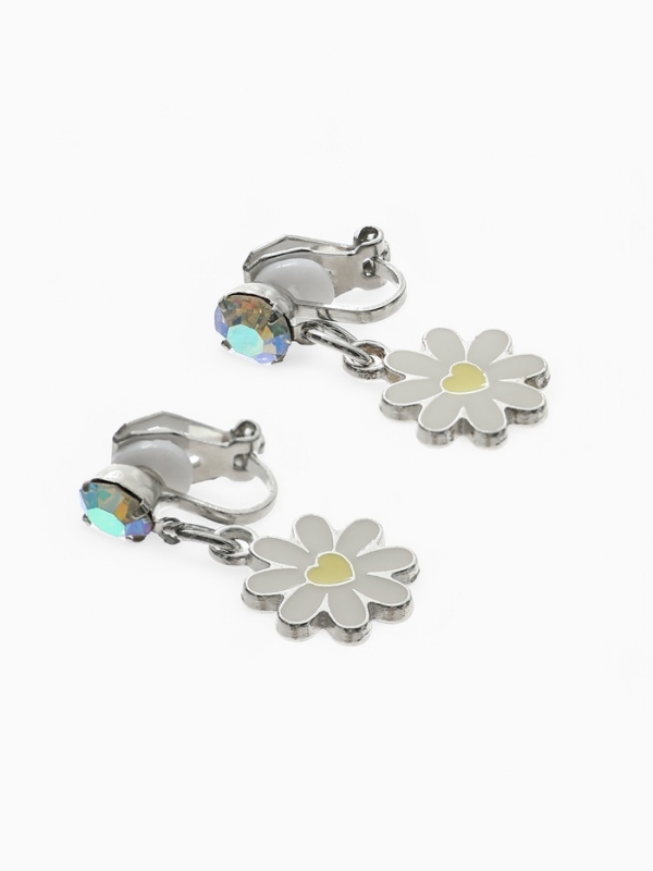Серьги-клипсы детские  Серьги-клипсы детские "Выбражулька" ромашки с кругом кристалл, цвет жёлто-белый