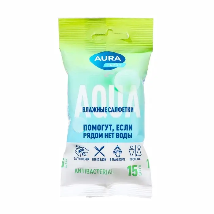 Влажные салфетки Aura Family, c антибактериальным эффектом, 15 шт., микс Влажные салфетки Aura Family, c антибактериальным эффектом, 15 шт., микс