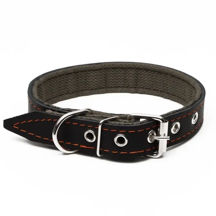 Ошейник комбинированный, 53&times;2.5 см, ОШ 35-45 см, кожа, брезент, чёрный