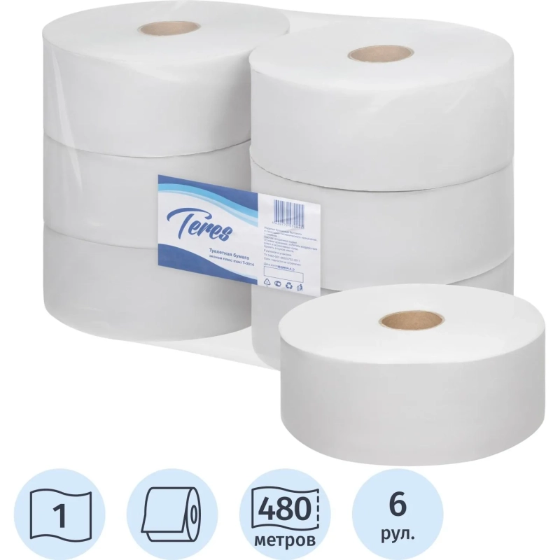 Бумага туалетная д/дисп Терес Эконом макси 1сл бел втор 480м 6рул/уп_T-0014