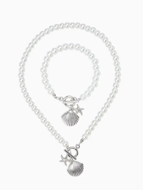 Набор 2 предмета: бусы. браслет &laquo;Жемчуг. Ракушка вонголе&raquo;, L=18/42 см, №8, белый в серебре