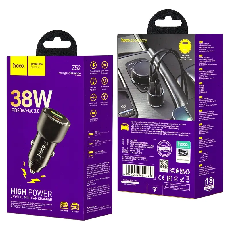 Переходник Z52 АЗУ на USB QC3.0 + Type-C PD20W HOCO черный Переходник Z52 АЗУ на USB QC3.0 + Type-C PD20W HOCO черный